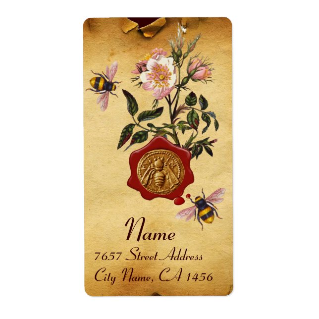 ÉTIQUETTE HONEY BEE AND WILD ROSES, BEEKEEPER RED WAX SEAL (Devant)