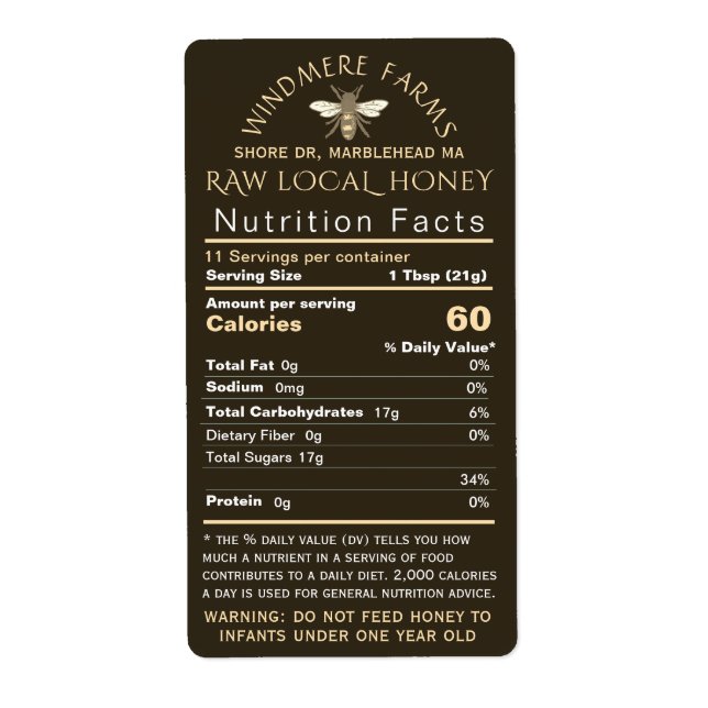 Étiquette Honey Nutrition bébé Avertissement & Bee Taille de (Devant)