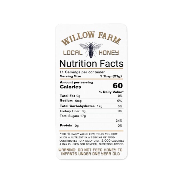 Étiquette Honey Nutrition Facts Avertissement pour nourrisso (Devant)