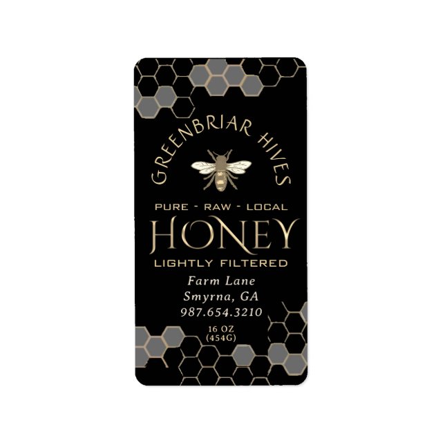 Étiquette Honeycomb Heraldique Bee Honey Métallo Or Noir (Devant)