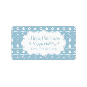 Étiquette Icônes de motifs de pull de Noël moche bleu blanc