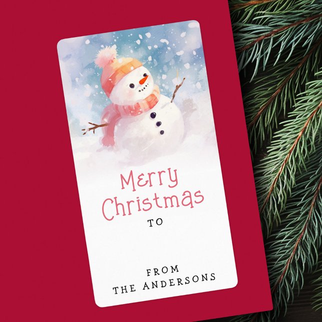 Étiquette Illustration de bonhomme de neige mignon hiver à p (Cute snowman illustration winter to from gift tag)