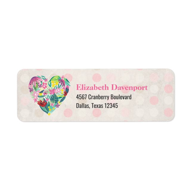 Étiquette Illustration du coeur floral en rose et vert (Devant)
