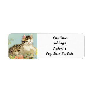 Étiquette Illustration vintage de chat avec fleurs roses