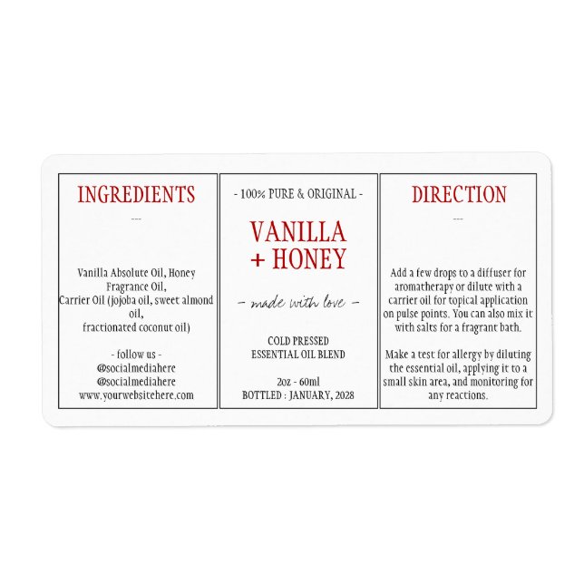 Étiquette Ingrédients de miel de vanille cosmétique (Devant)