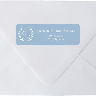 Étiquette Initiales de monogramme en bleu poussiéreux couron