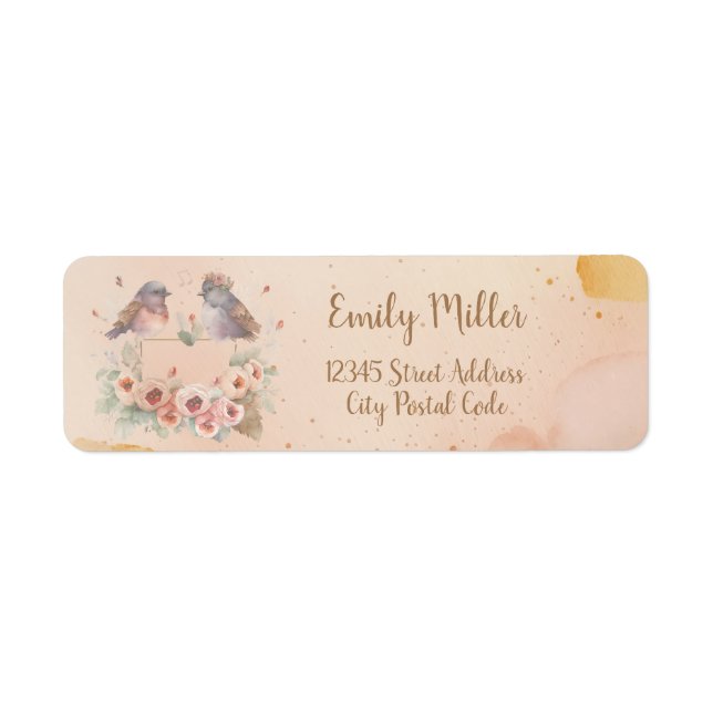 Étiquette Inséparables aquarelle avec roses pour mariage (Devant)