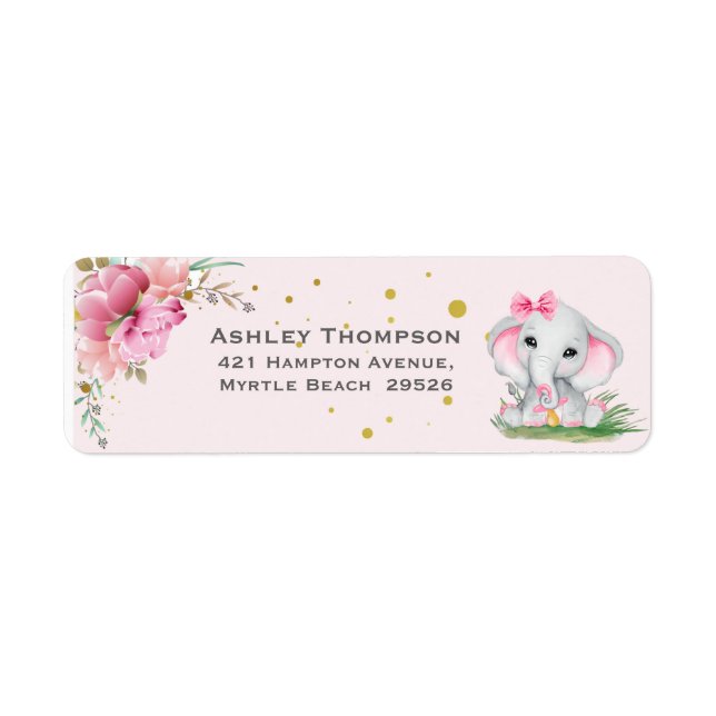 Étiquette Invitation de Baby shower Floral Rose Eléphant mig (Devant)