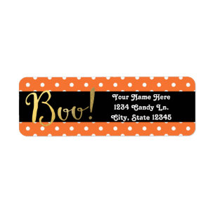 Étiquette Invitation Halloween Orange et Blanc à pois Boo