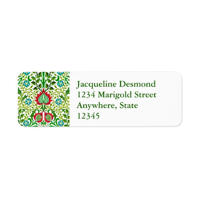 Étiquette Jacobean Floral Damask, vert et corail rouge (Devant)