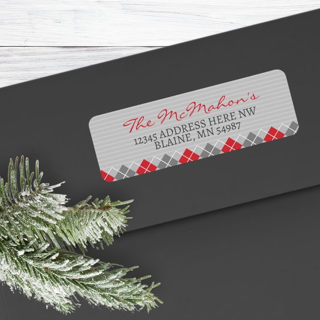 Étiquette Jacquard Rouge et gris Adresse de retour de vacanc (Modern Elegant Argyle Christmas Return Address Labels for Holiday Greeting Cards & More!)
