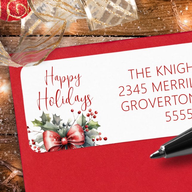 Étiquette JEUX VACANCES Modernes Script Red Bow Holly (Créateur téléchargé)