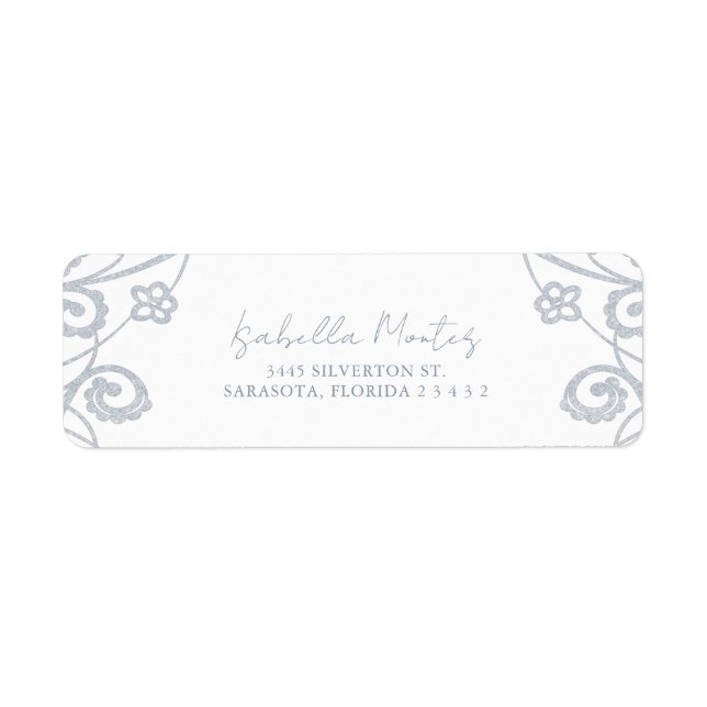 Étiquette Joli cadre de dentelle florale bleu doux argent (Devant)