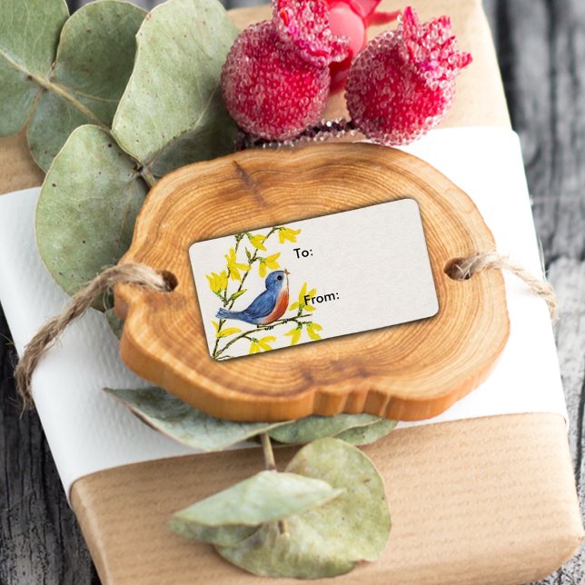 Étiquette Joli Chanteur Oiseau Bleu Arbre (Gift tag label of cute blue red bird on branch with yellow flowers on white.)
