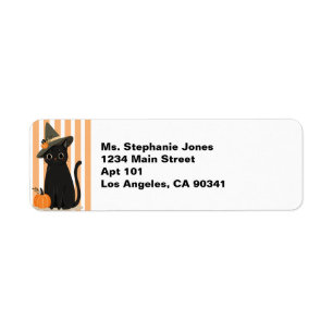 Étiquette Joli chat noir d'Halloween avec chapeau de sorcièr