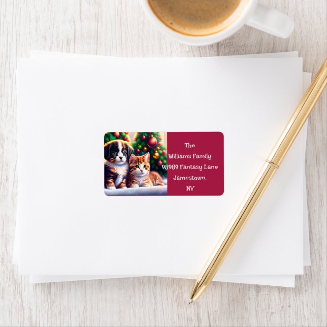 Étiquette Joli chiot et chat sous l'arbre de Noël (En situation)