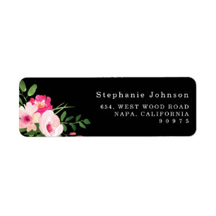 Étiquette Jolie aquarelle rose Floral noir Adresse de retour
