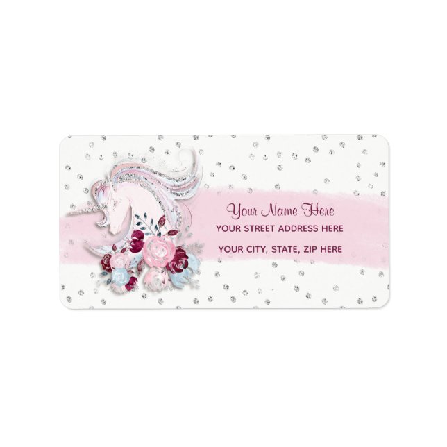 Étiquette Jolie aquarelle Unicorn rose et argent Accents (Devant)