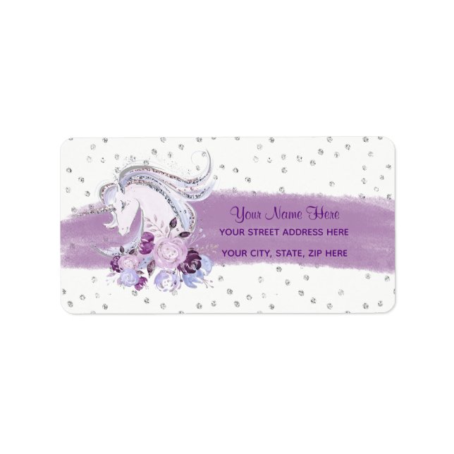 Étiquette Jolie aquarelle Unicorne Purple & Silver Accents (Devant)