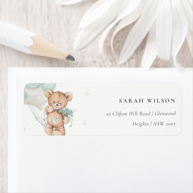 Étiquette Jolie Bear Balloon Floral Bunch Heart Adresse (En situation)