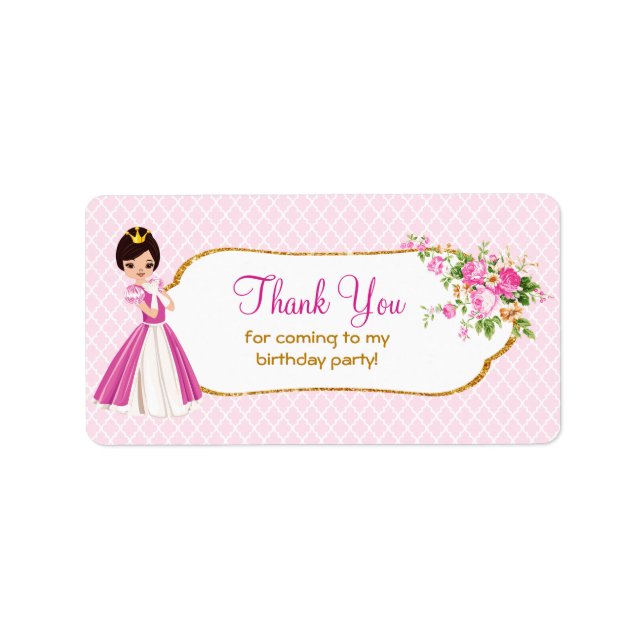 Étiquette Jolie Brunette Princesse Merci d'anniversaire Étiq (Devant)