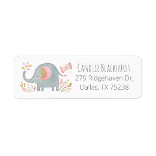 Étiquette Jolie Eléphant Girl Baby shower Adresse de retour