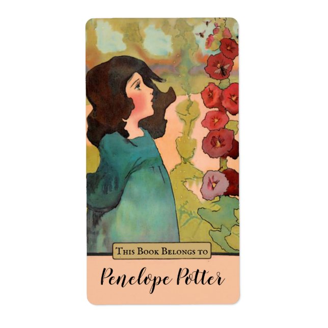 Étiquette Jolie fille avec Hollyhocks et Abeilles Plaque (Devant)