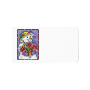 Étiquette Jolie fille de Noël Snowman avec Poinsettia