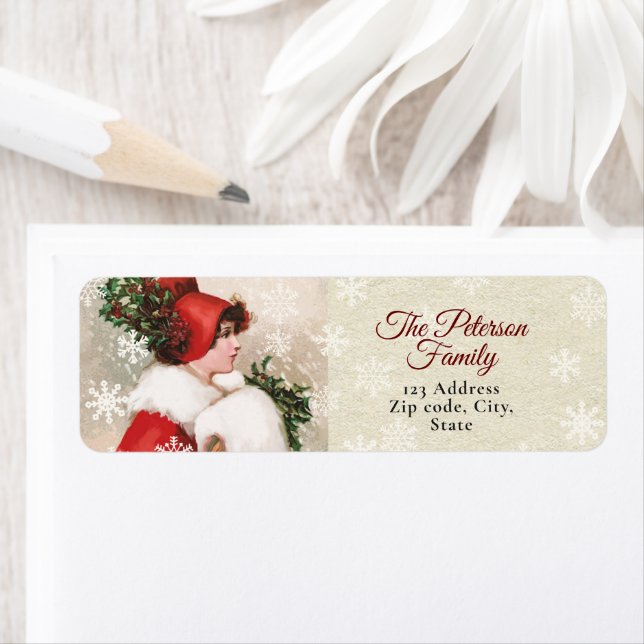 Étiquette Jolie fille de Noël victorienne Vintage en rouge (En situation)