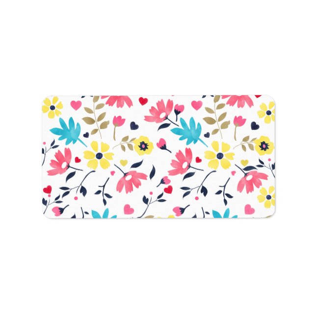 Étiquette Jolie fleurs romantiques coeurs aquarelle peinture (Devant)