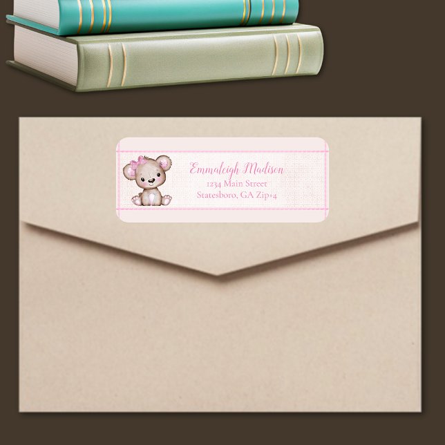 Étiquette Jote Brown Bear Girl Baby shower Adresse de retour (Créateur téléchargé)