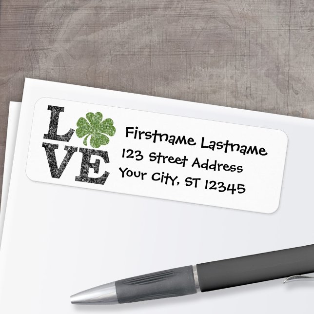 Étiquette Jour de la Saint Patrick LOVE avec shamrock (Personalized Return Address Label)