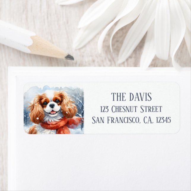 Étiquette Jour de neige Cavalier roi Charles avec une écharp (En situation)