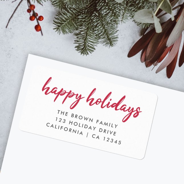 Étiquette Joyeuses fêtes | Adresse de retour rouge minimale  (Add a cheerful touch to your festive mail with this minimalist "Happy Holidays" return address label)