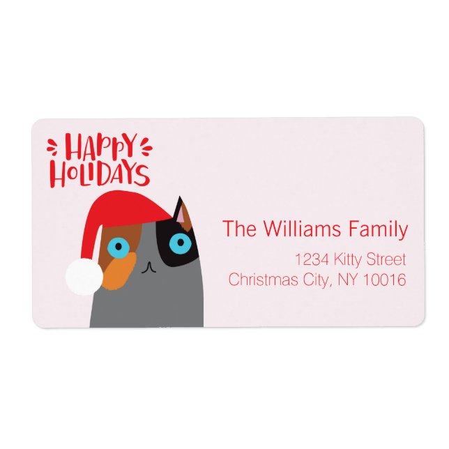 Étiquette Joyeuses fêtes - Cartoon de chat de Noël mignon (Devant)