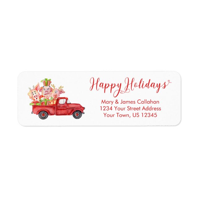 Étiquette Joyeuses fêtes Chiens de Noël en Camion Rouge Vint (Devant)