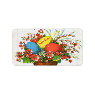 Étiquette Joyeuses Pâques ! Carte postale vintage, œufs, pei