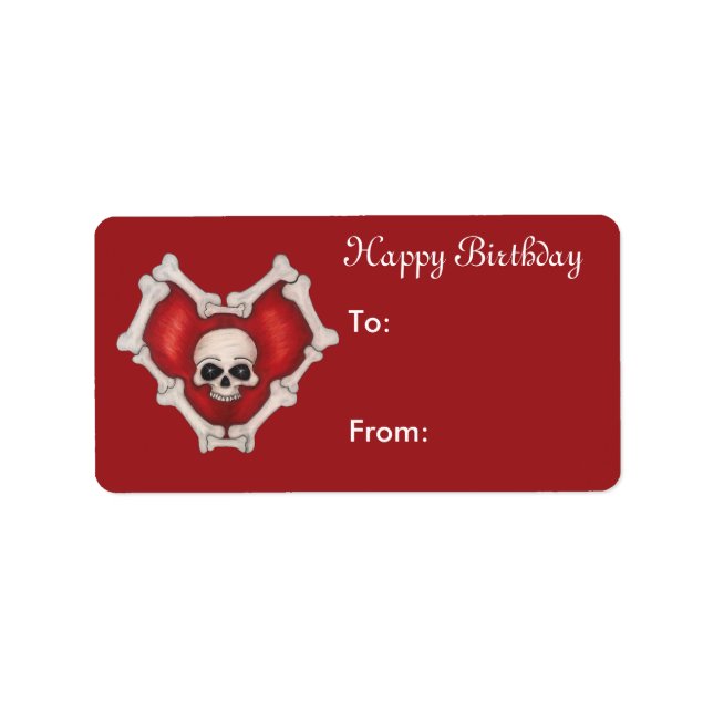 Étiquette Joyeux Anniversaire Coeur rouge des os avec crâne  (Devant)