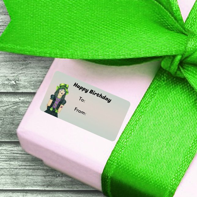 Étiquette Joyeux anniversaire gothique fille tatouage vert c (Pretty Goth girl green hat tattoos black dress on pale green Happy Birthday gift tag stickers.)