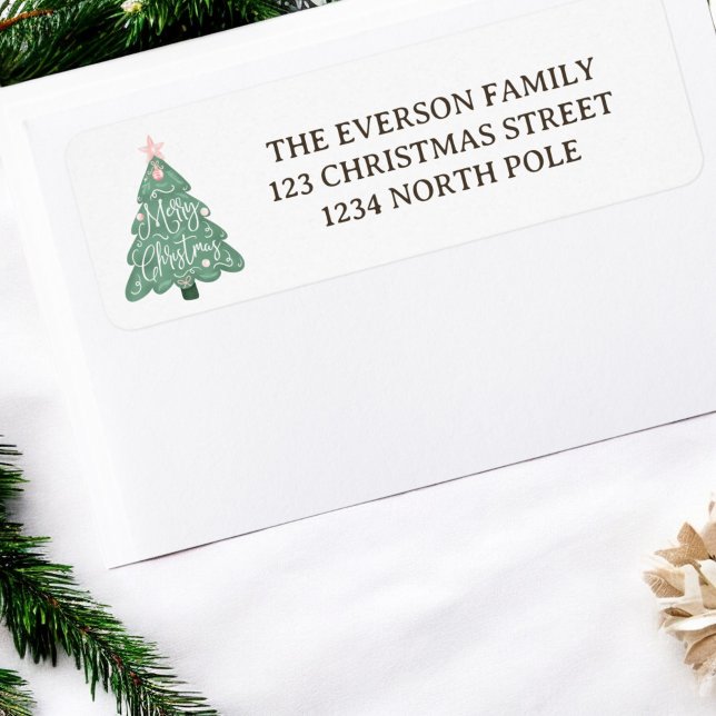 Étiquette Joyeux arbre de Noël rose pastel blanc (Whimsical pastel pink green merry christmas tree label)