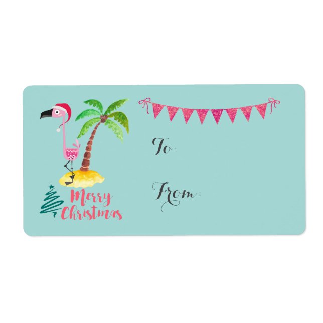 Étiquette Joyeux Flamant rose Rose de Noël Avec Palm Tree Ca (Devant)