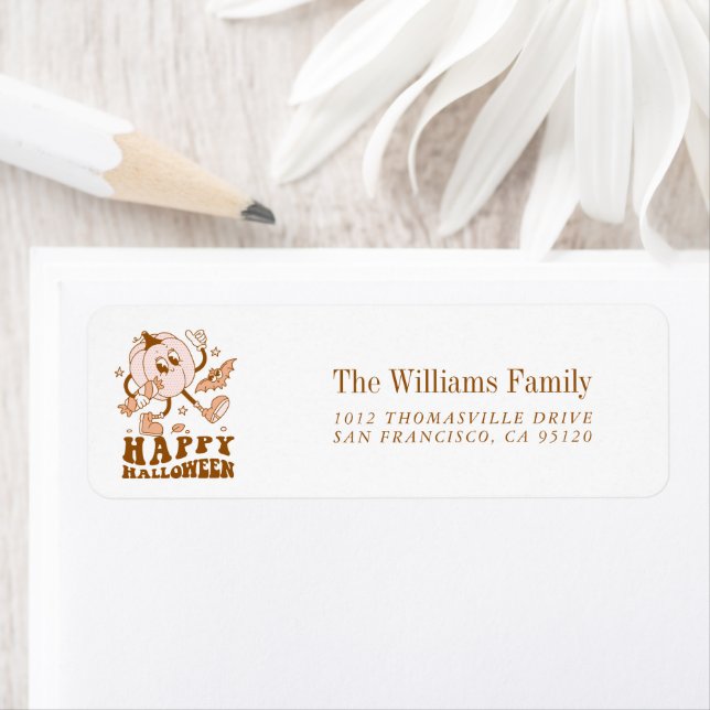 Étiquette Joyeux Halloween| Citrouille de points de Polka ré (En situation)