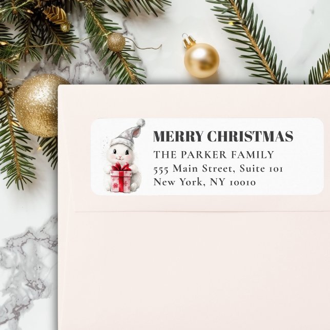 Étiquette Joyeux Noël! adorable, lapin blanc chapeau de Père (MERRY & BRIGHT! Adorable, White Rabbit With Santa Hat, Address Return Labels. )