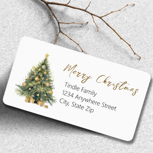 Étiquette Joyeux Noël Aquarelle Gold Script Retour (Elegant Watercolor Script Return Address Labels )