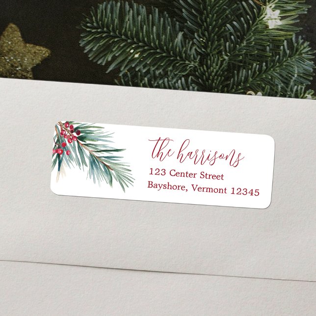 Étiquette Joyeux Noël Aquarelle Pine et Berries (Merry Christmas Watercolor Pine and Berries Label)