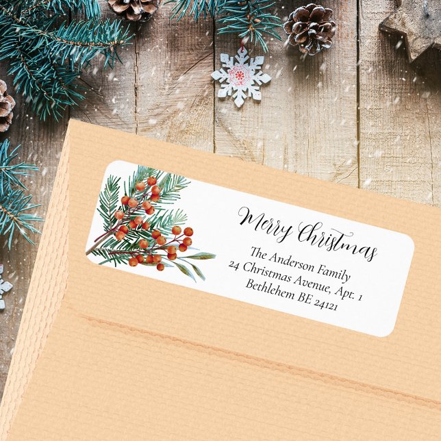 Étiquette Joyeux Noël Aquarelle simple Baies rouges (Merry Christmas Simple Rustic Watercolor Green Holly Red Berries Holiday Return Address Label)