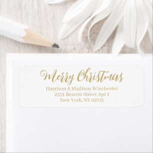 Étiquette Joyeux Noël blanc or calligraphie adresse