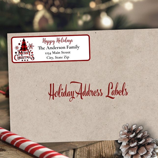 Étiquette Joyeux Noël Buffalo Adresse Plaid (Merry Christmas Buffalo Plaid Address Label)
