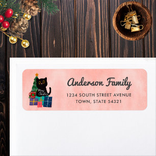 Étiquette Joyeux Noël Chat Noir Mignon Adresse de Retour Ros