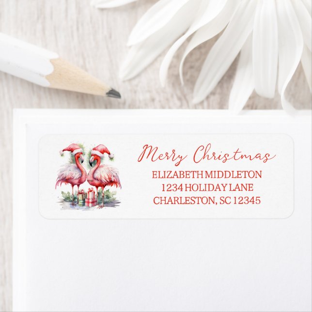Étiquette Joyeux Noël Flamants roses roses Adresse de retour (En situation)